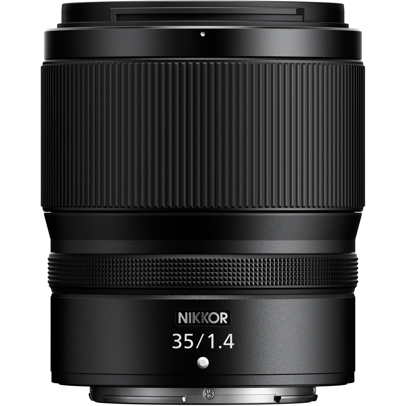 Black Nikkor camera lens on a white background