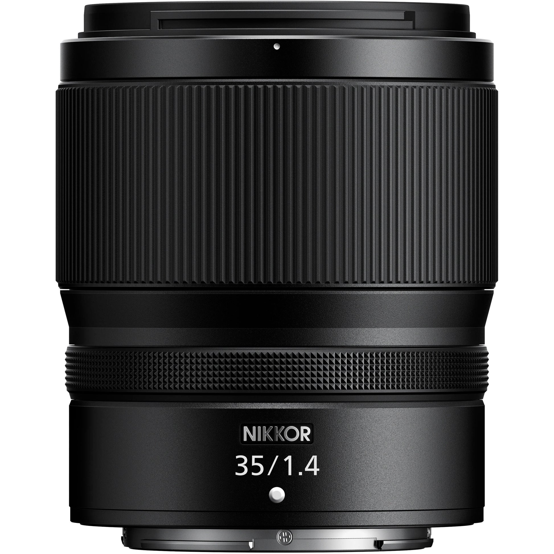 Black Nikkor camera lens on a white background
