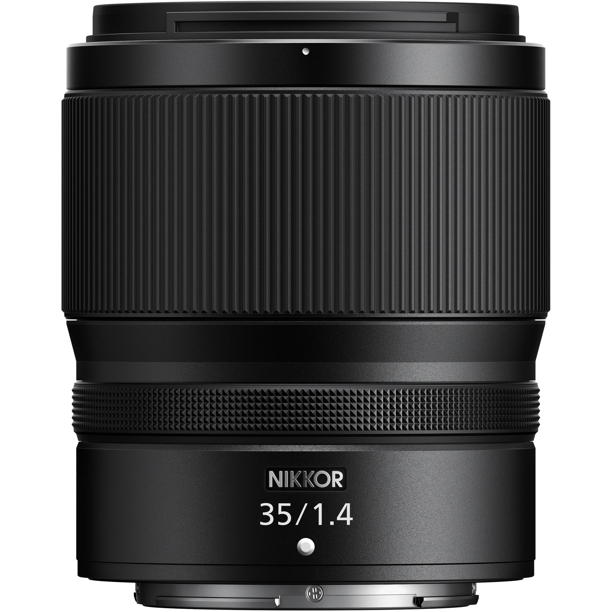 Black Nikkor camera lens on a white background