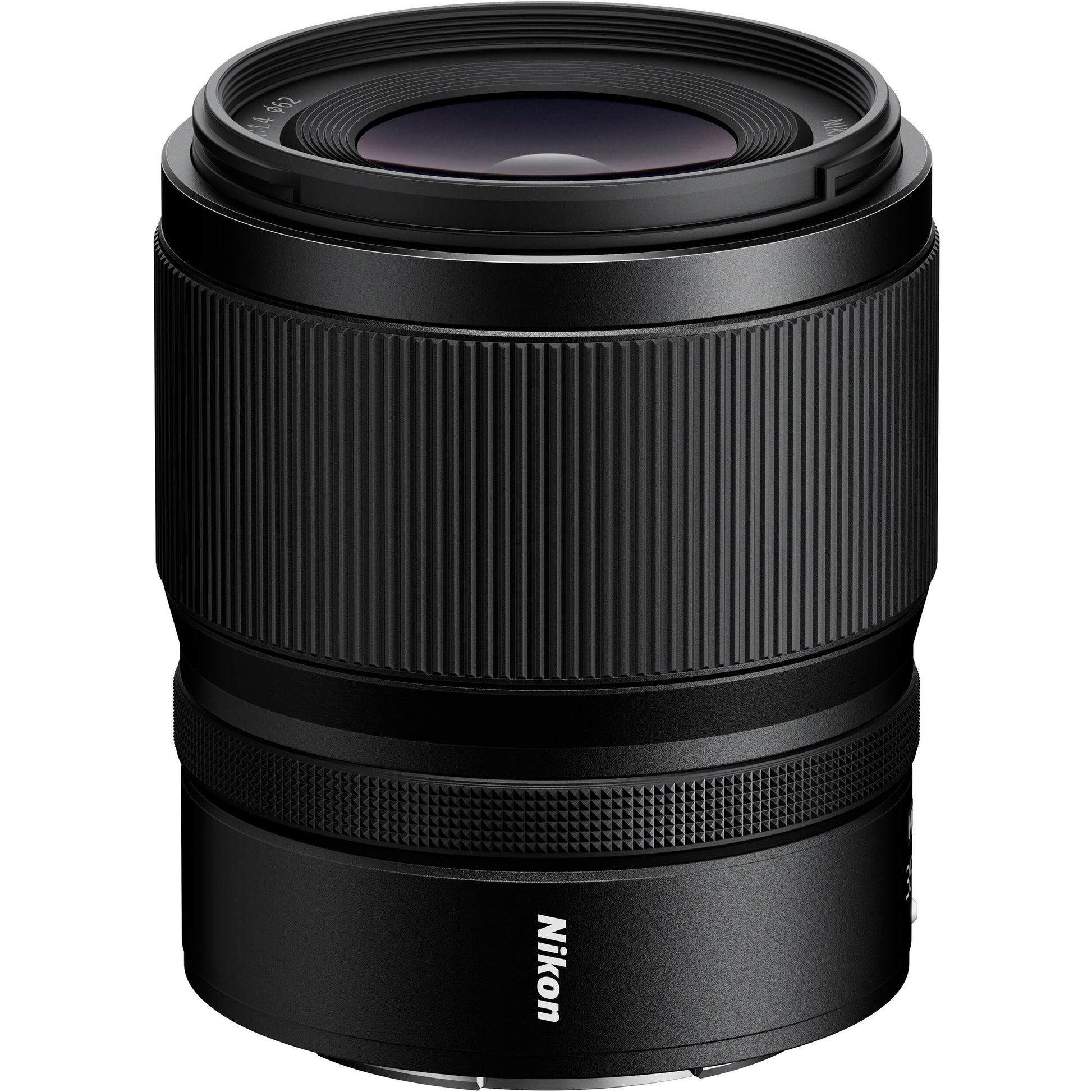 Black Nikon camera lens on a white background