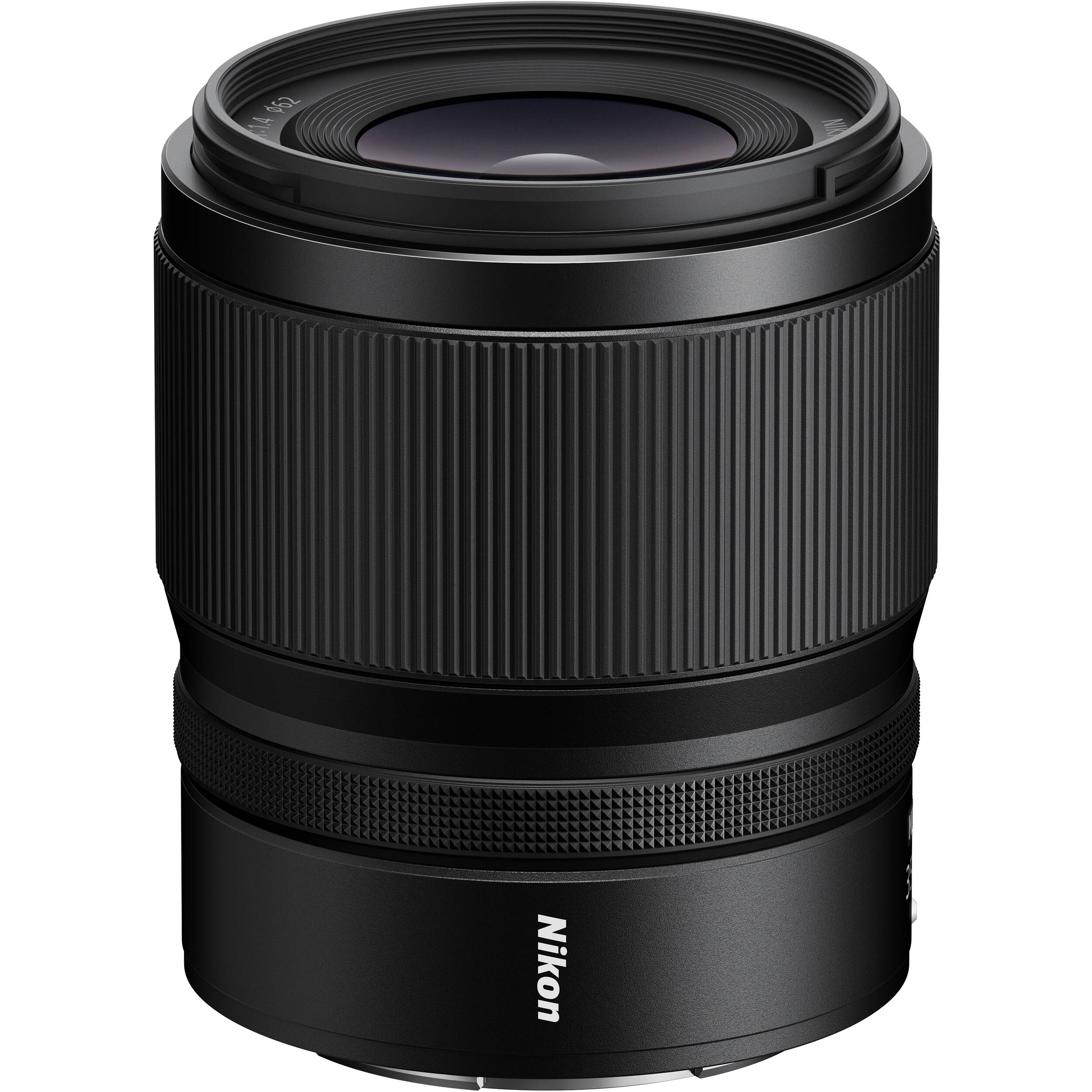 Black Nikon camera lens on a white background