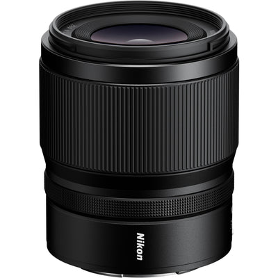 Black Nikon camera lens on a white background