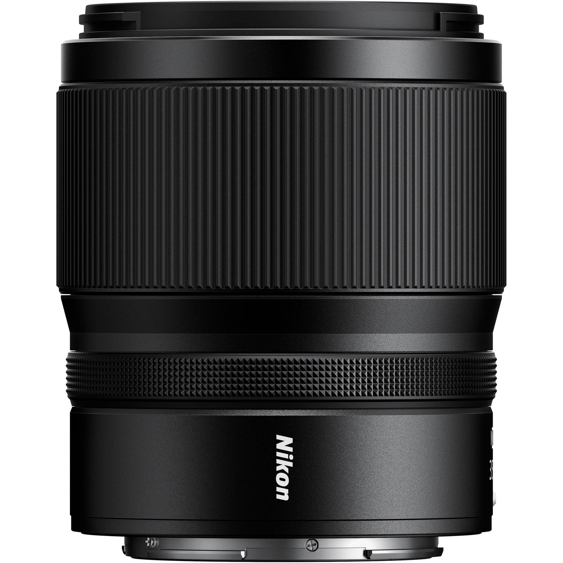 Black Nikon camera lens on a white background