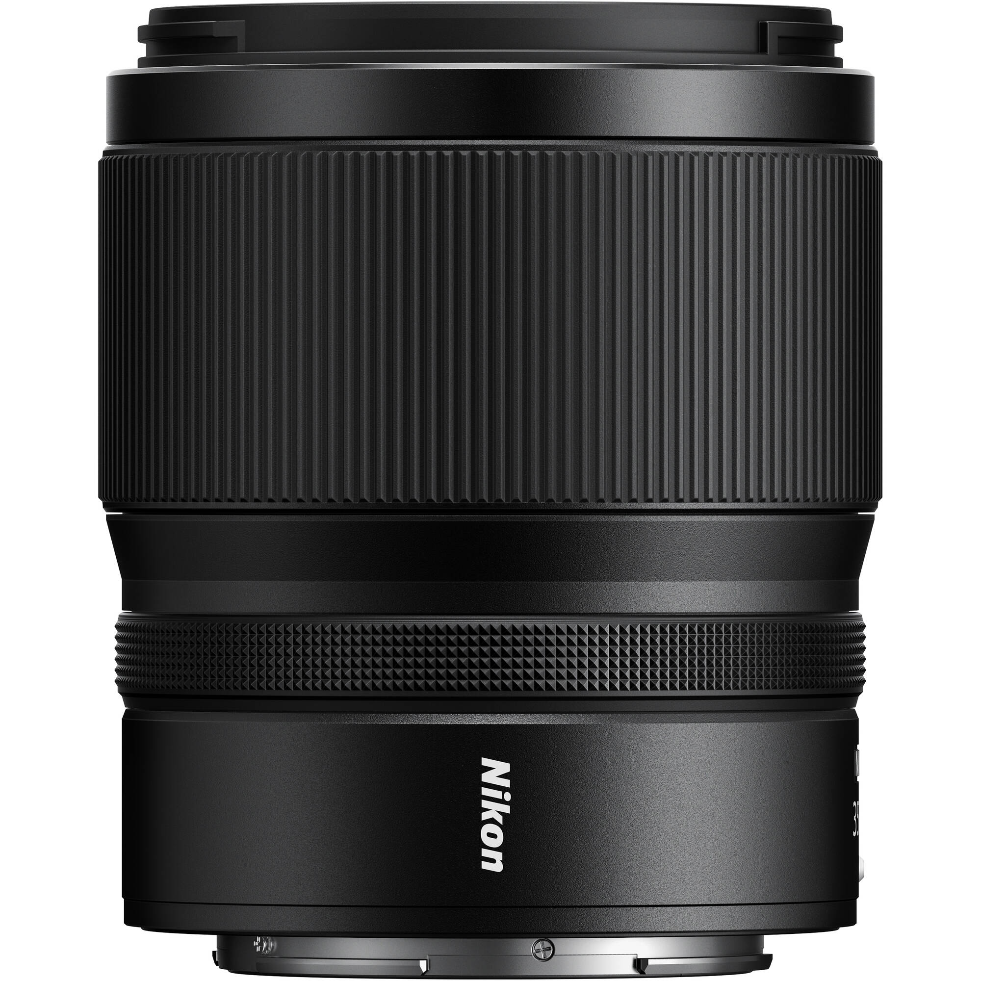 Black Nikon camera lens on a white background