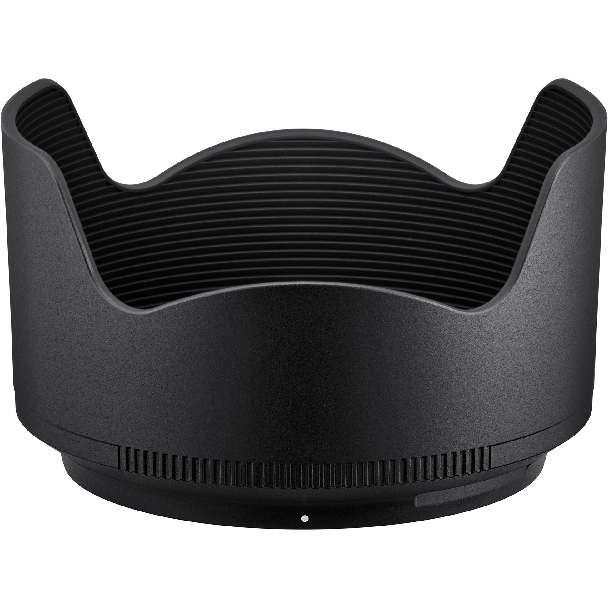 Black camera lens hood on a white background
