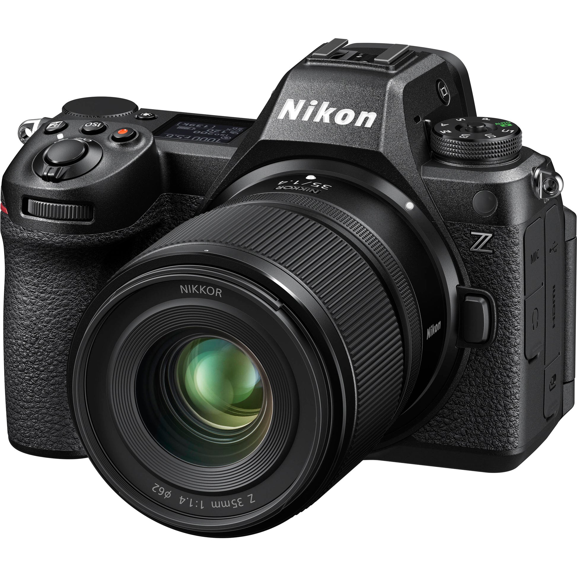 Nikon camera with Nikkor lens on a white background
