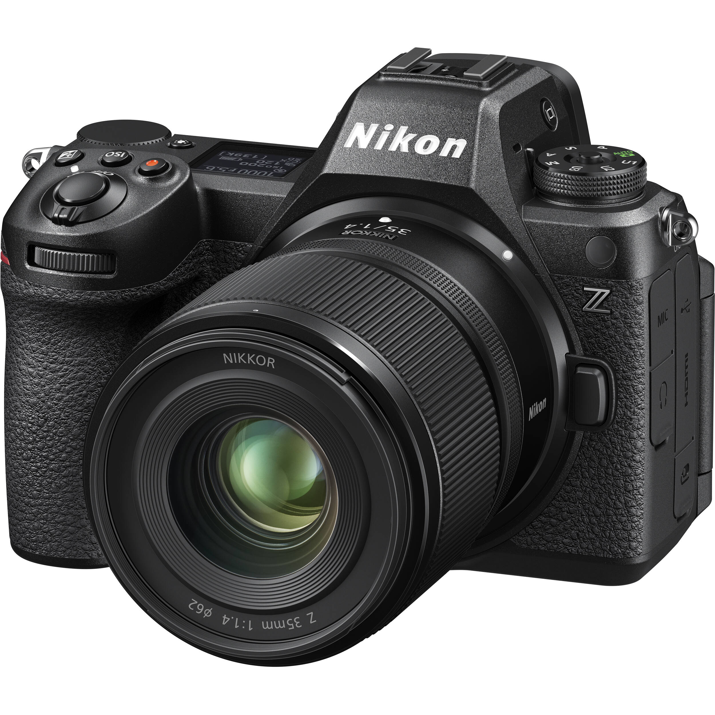 Nikon camera with Nikkor lens on a white background