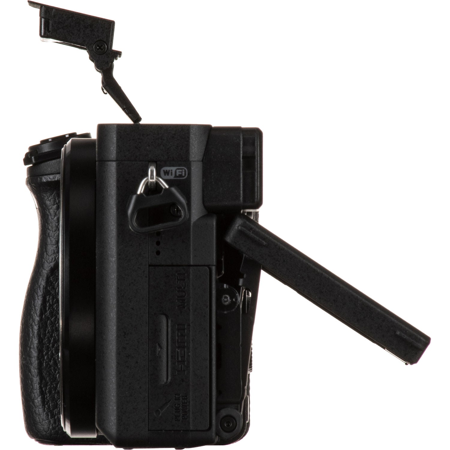 Black camera body with various ports and controls on a white background