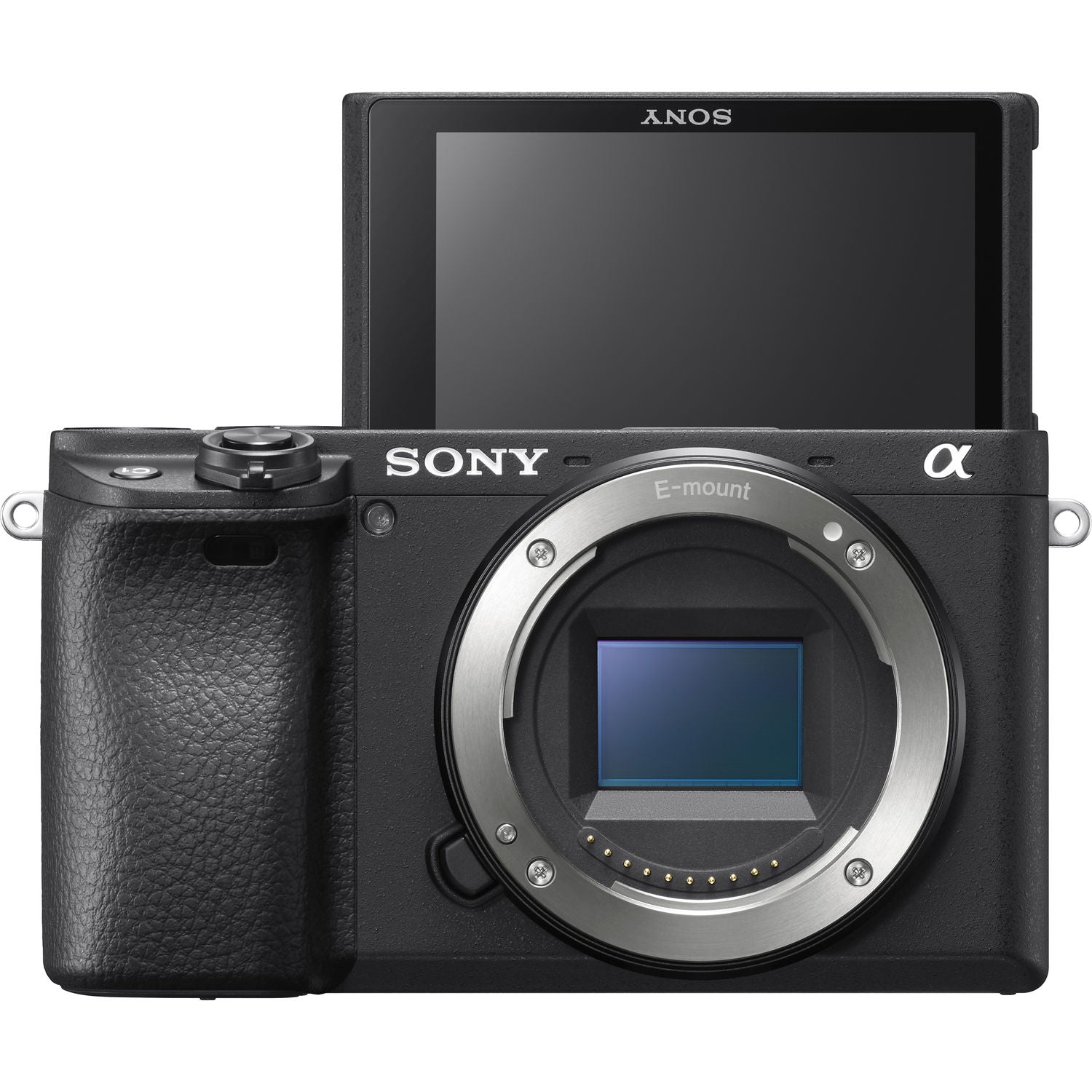 Sony camera with screen up on a white background