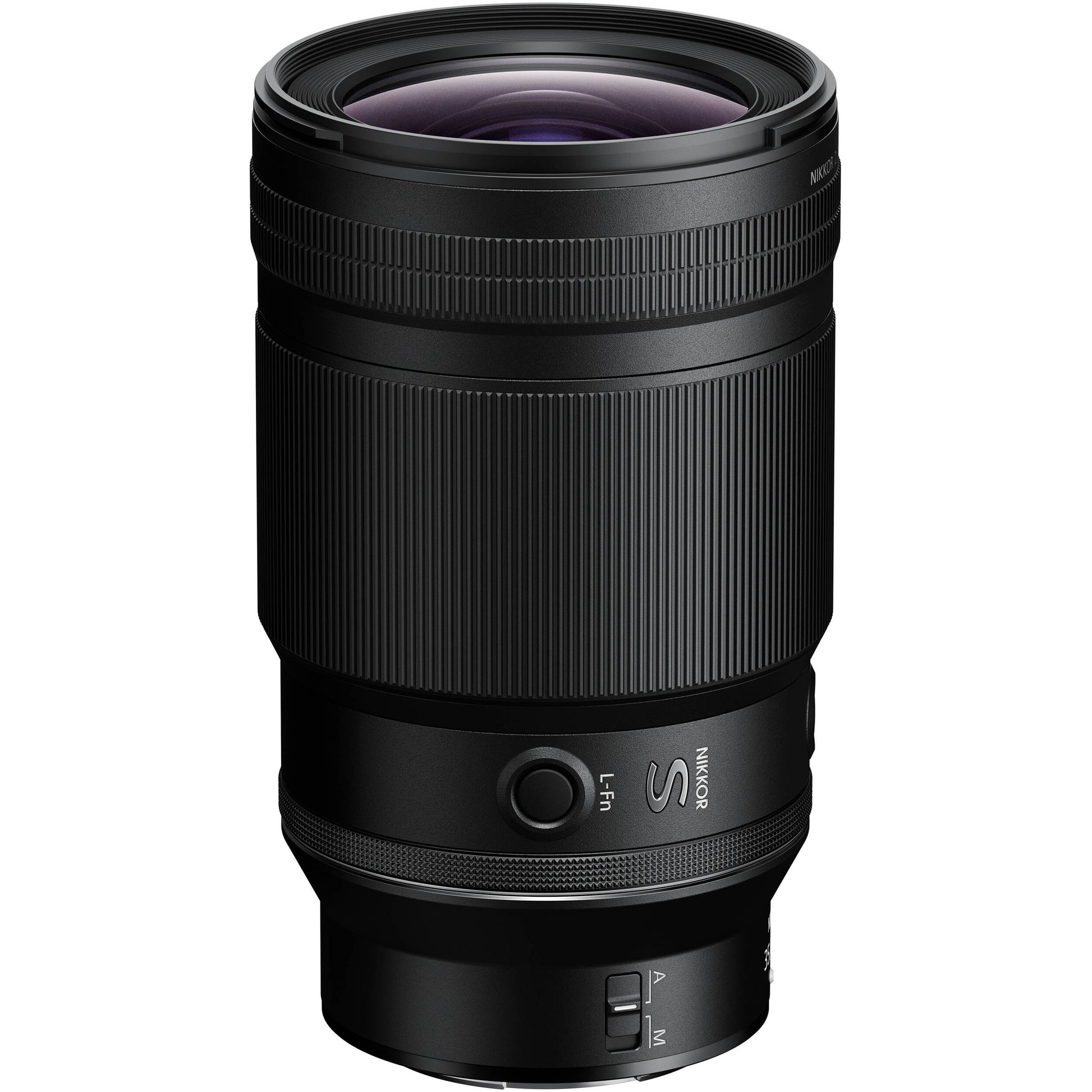 Black camera lens on a white background