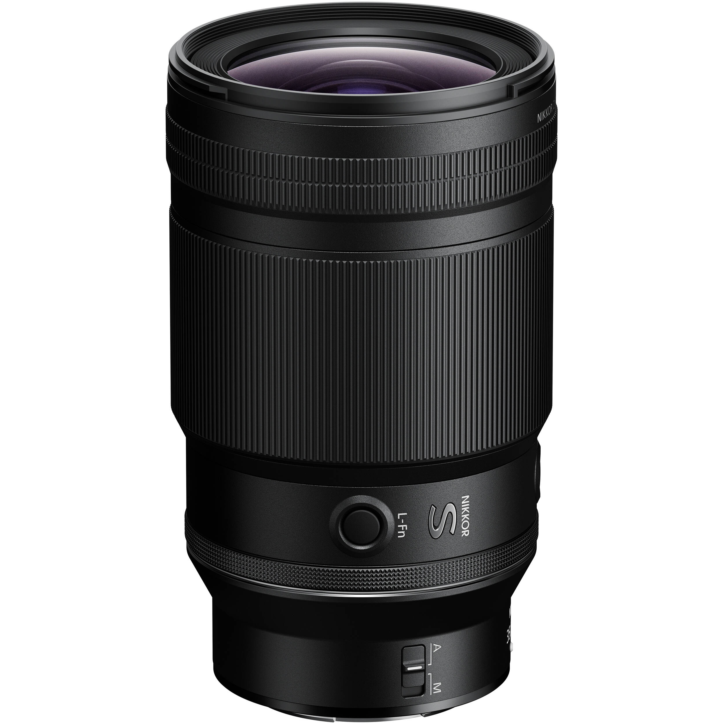 Black camera lens on a white background