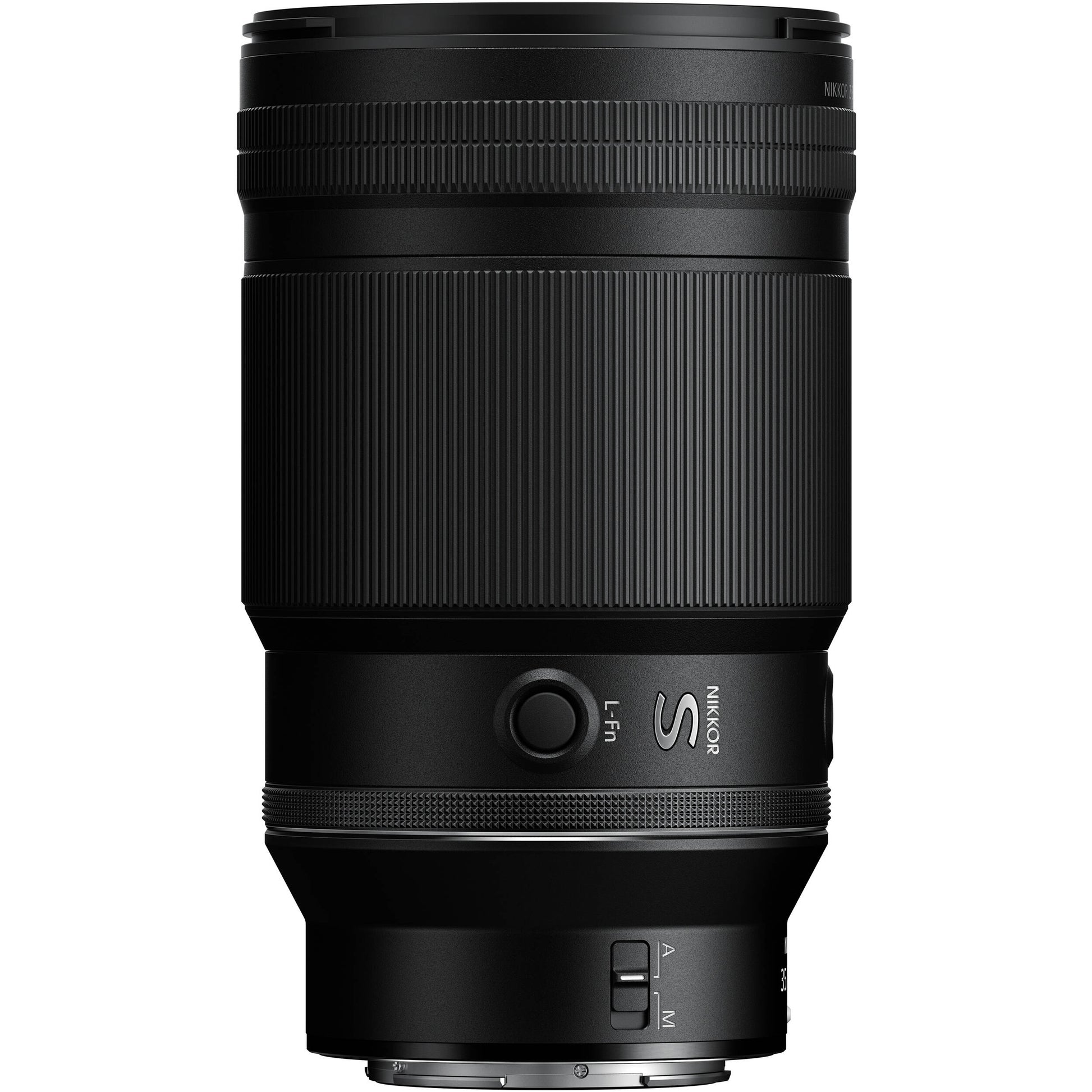 Black camera lens on a white background