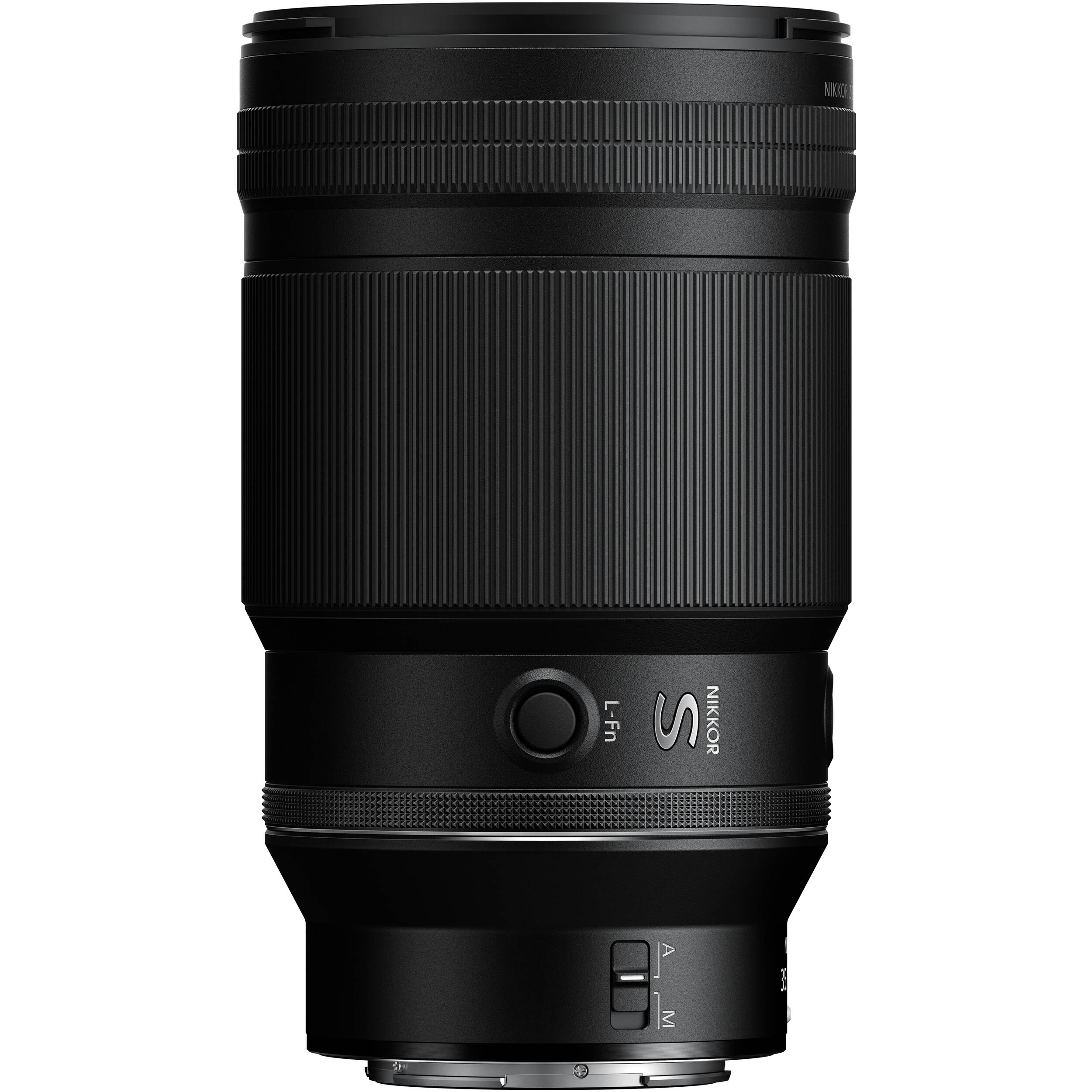 Black camera lens on a white background