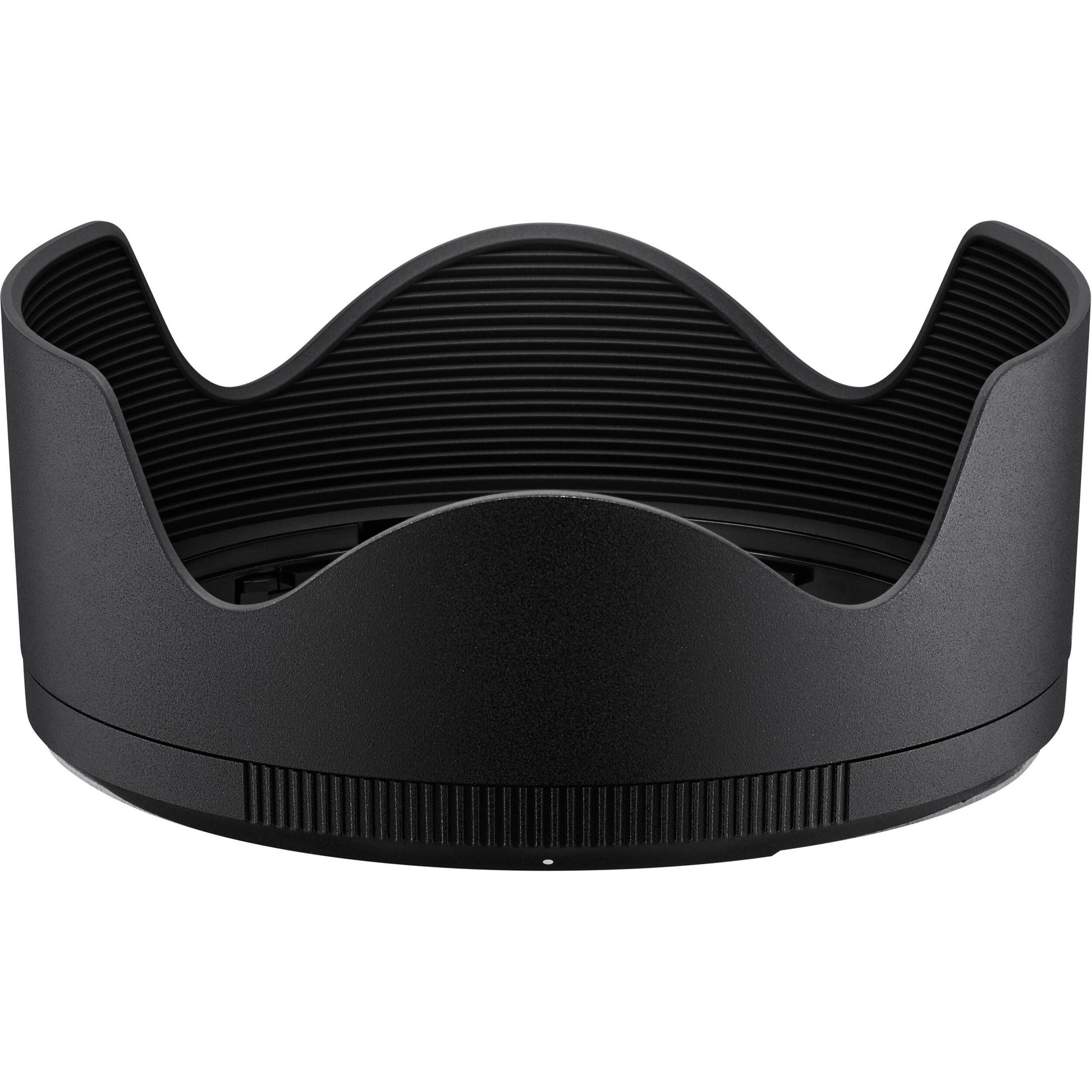 Black camera lens hood on a white background
