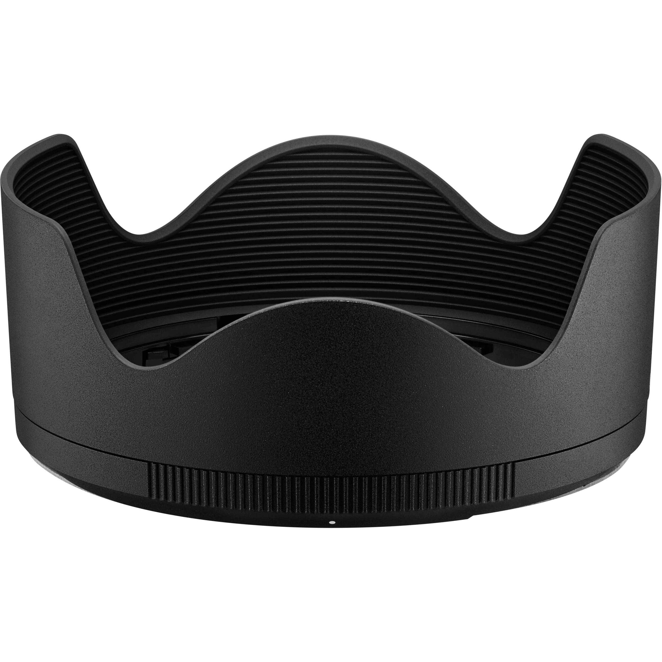 Black camera lens hood on a white background