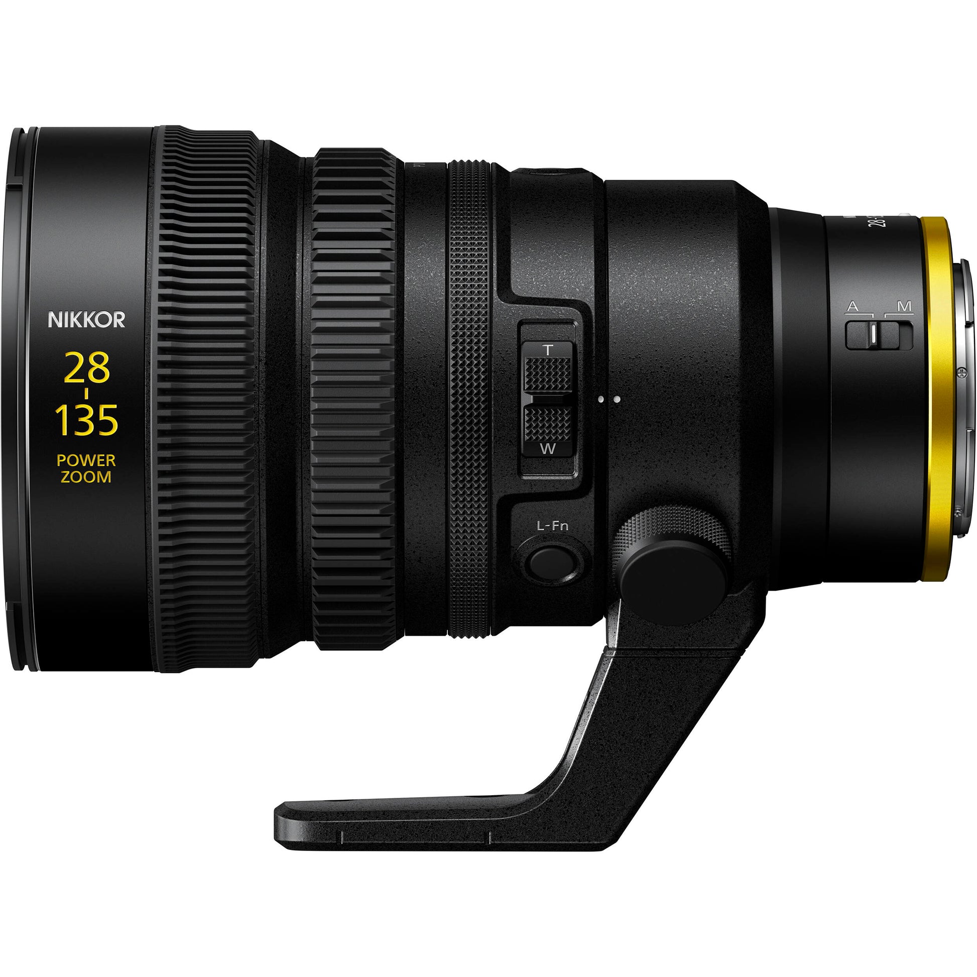 Nikon camera lens with power zoom feature on a white background