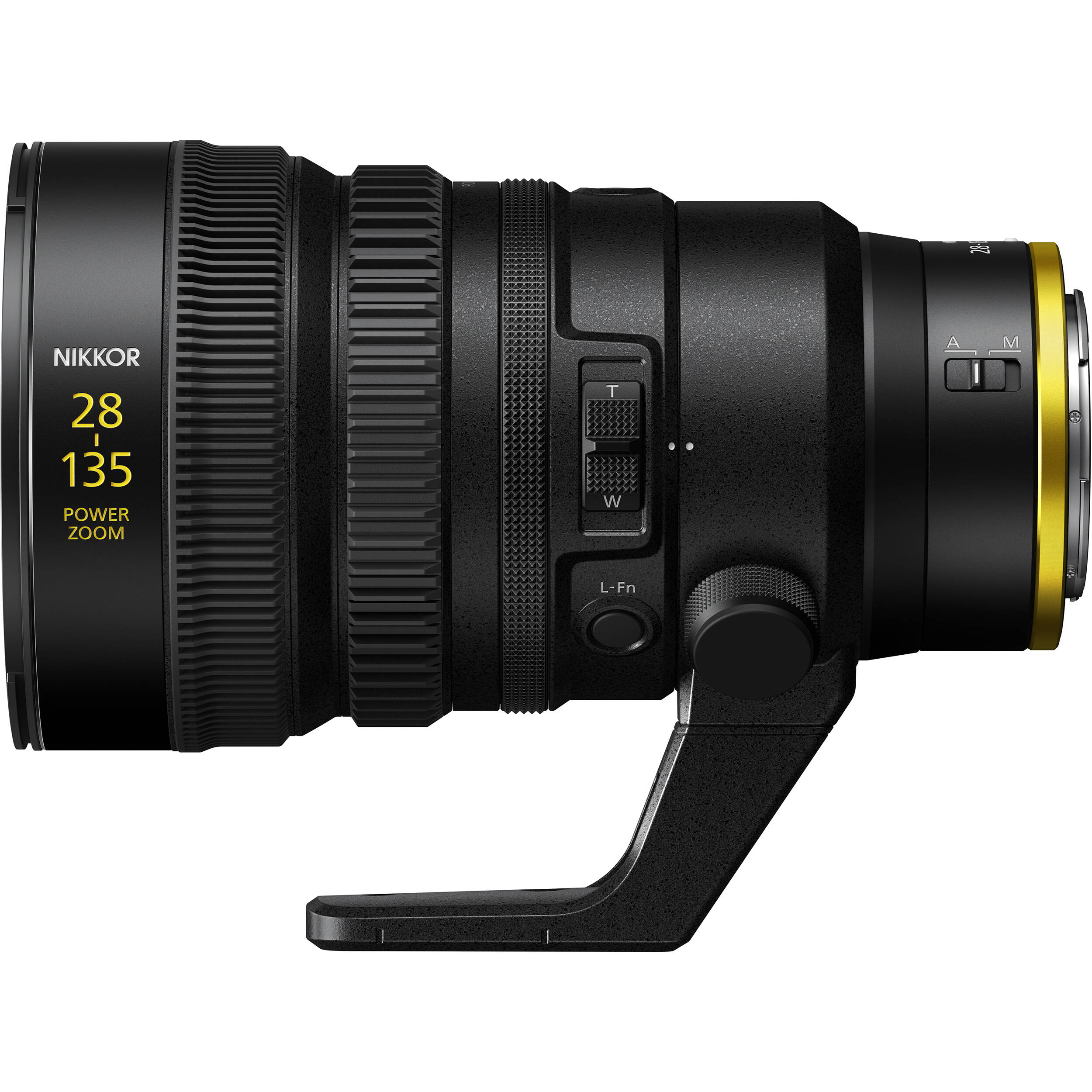 Nikon camera lens with power zoom feature on a white background