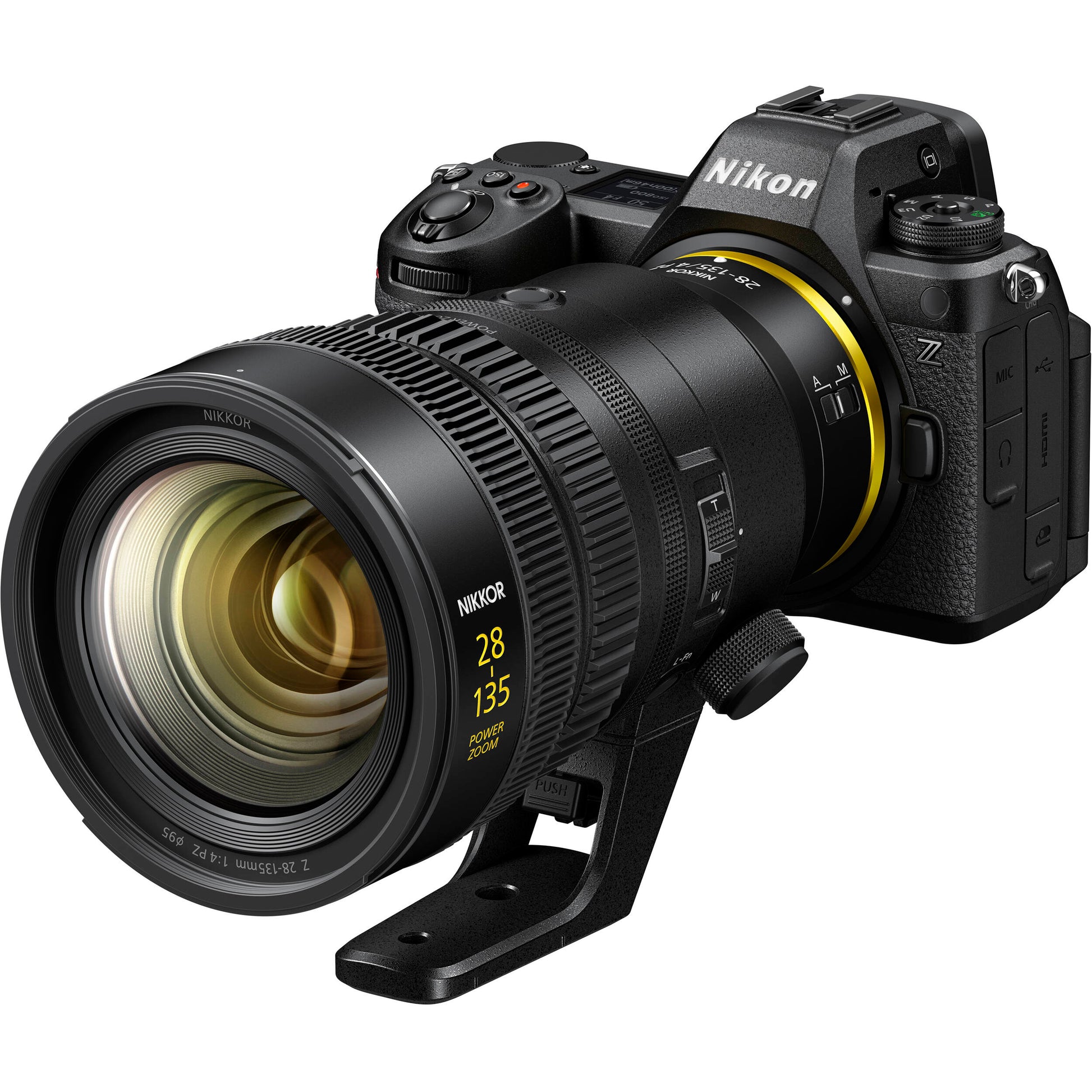 Nikon camera with large lens on a white background
