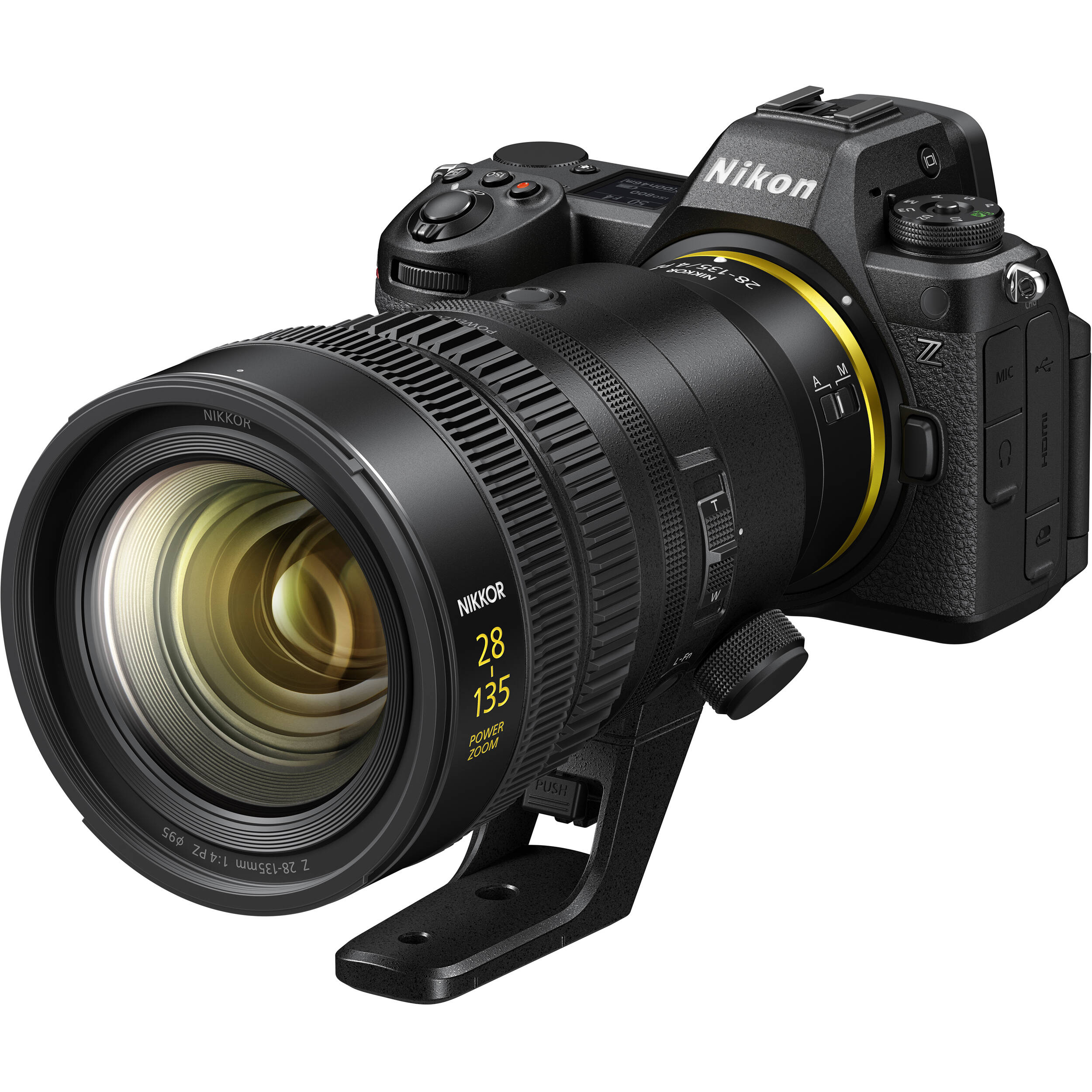 Nikon camera with large lens on a white background