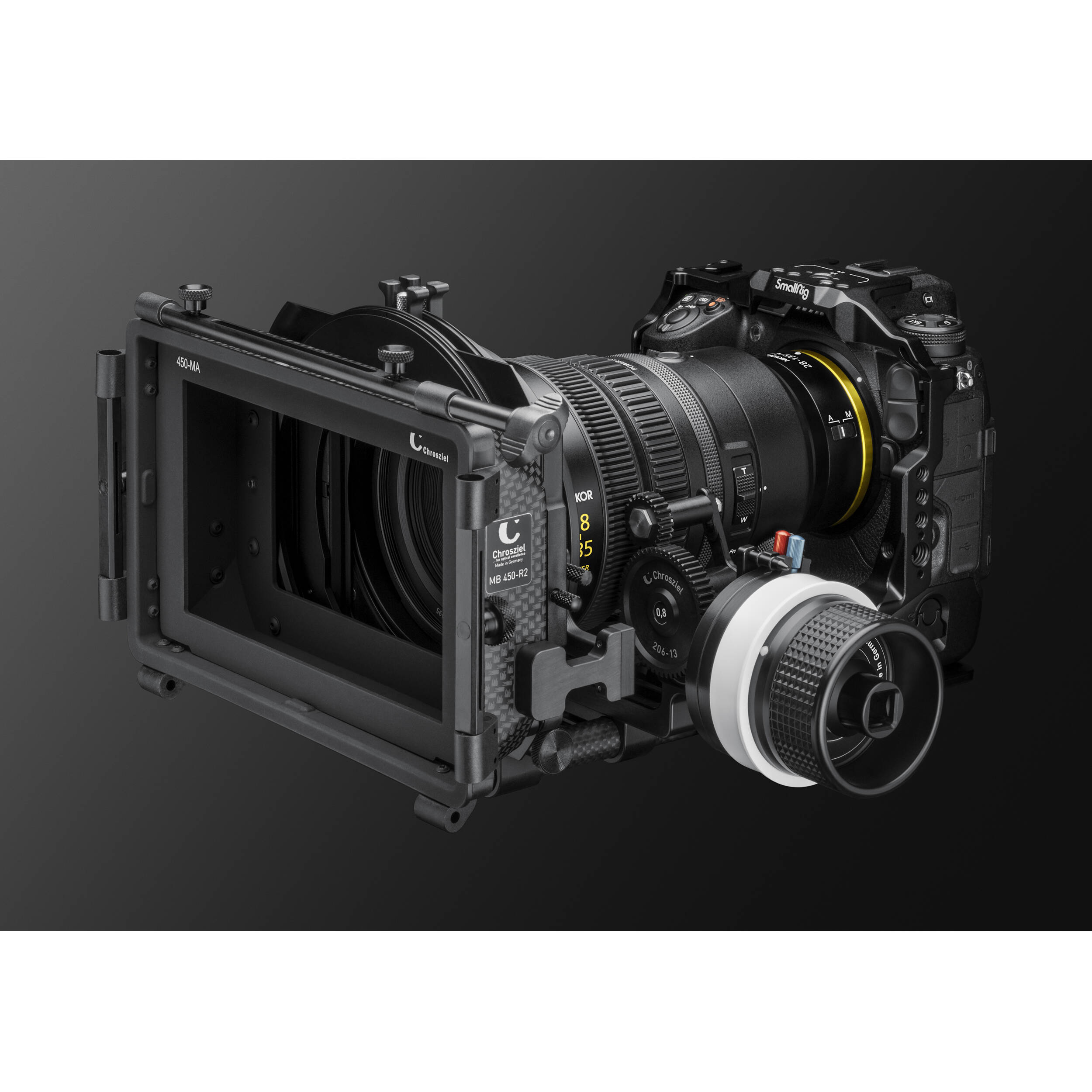 Camera lens and mechanical components on a dark background