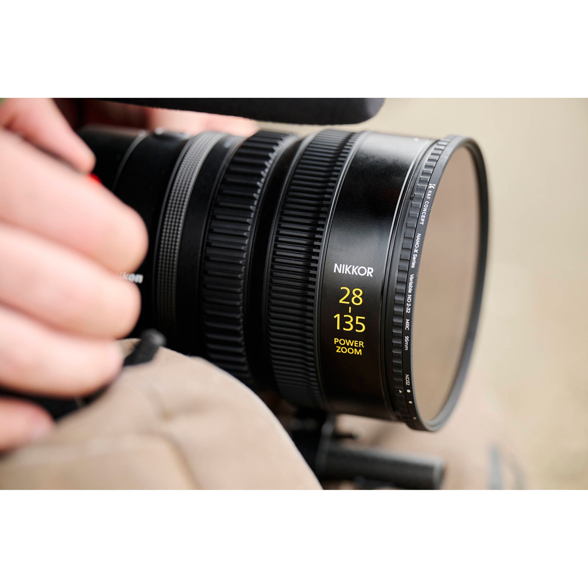 Nikon camera lens held by a person with a blurred background
