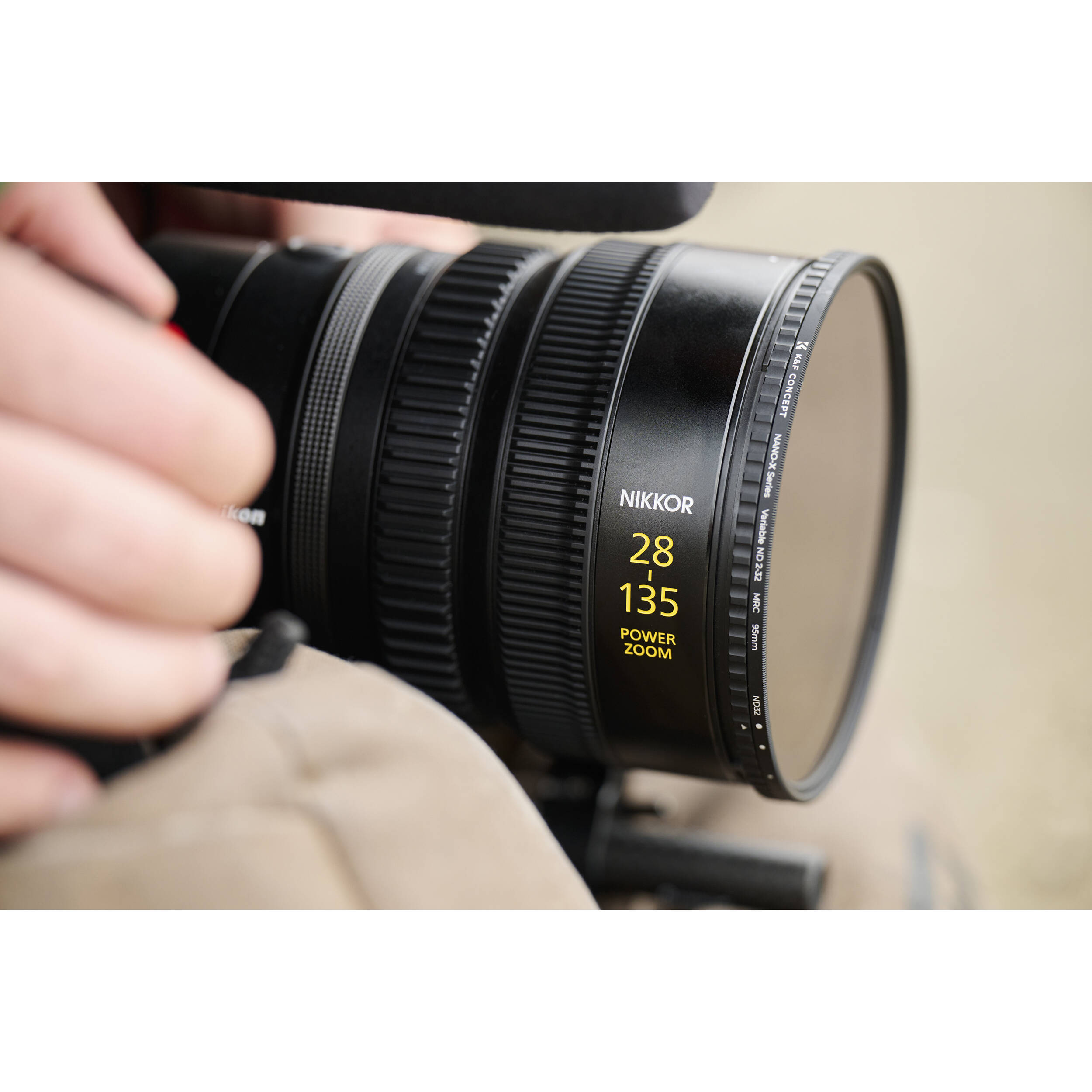 Nikon camera lens held by a person with a blurred background