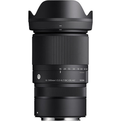 Sigma 16-300mm f/3.5-6.7 DC OS Contemporary mirrorless lens featuring an 18.8x zoom ratio, 24-450mm equivalent focal length, 1:2 macro magnification, high-response linear actuator autofocus, 9 rounded aperture blades, and dust- and splash-resistant construction."