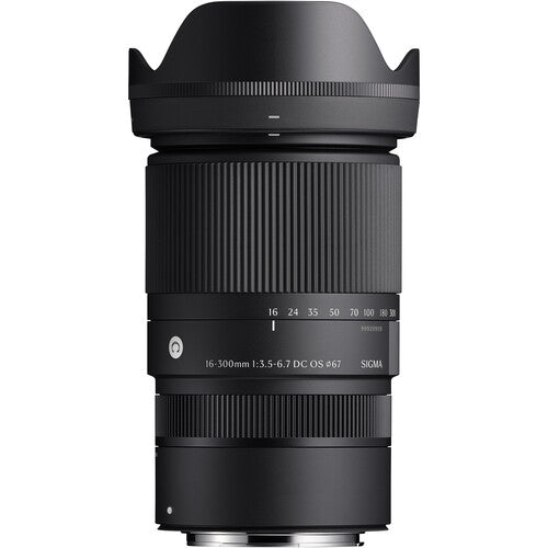 Sigma 16-300mm f/3.5-6.7 DC OS Contemporary mirrorless lens featuring an 18.8x zoom ratio, 24-450mm equivalent focal length, 1:2 macro magnification, high-response linear actuator autofocus, 9 rounded aperture blades, and dust- and splash-resistant construction."