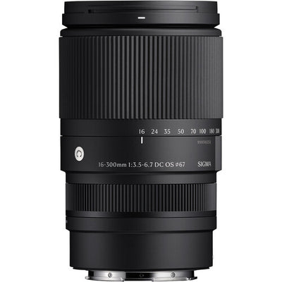 Sigma 16-300mm f/3.5-6.7 DC OS Contemporary mirrorless lens featuring an 18.8x zoom ratio, 24-450mm equivalent focal length, 1:2 macro magnification, high-response linear actuator autofocus, 9 rounded aperture blades, and dust- and splash-resistant construction."