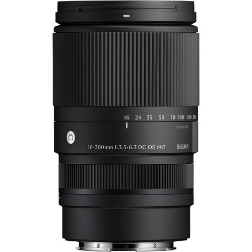 Sigma 16-300mm f/3.5-6.7 DC OS Contemporary mirrorless lens featuring an 18.8x zoom ratio, 24-450mm equivalent focal length, 1:2 macro magnification, high-response linear actuator autofocus, 9 rounded aperture blades, and dust- and splash-resistant construction."