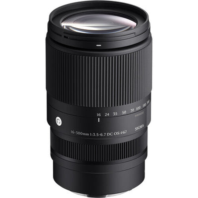 Sigma 16-300mm f/3.5-6.7 DC OS Contemporary mirrorless lens featuring an 18.8x zoom ratio, 24-450mm equivalent focal length, 1:2 macro magnification, high-response linear actuator autofocus, 9 rounded aperture blades, and dust- and splash-resistant construction."