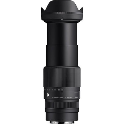 Sigma 16-300mm f/3.5-6.7 DC OS Contemporary mirrorless lens featuring an 18.8x zoom ratio, 24-450mm equivalent focal length, 1:2 macro magnification, high-response linear actuator autofocus, 9 rounded aperture blades, and dust- and splash-resistant construction."