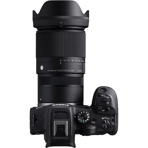 Sigma 16-300mm f/3.5-6.7 DC OS Contemporary mirrorless lens featuring an 18.8x zoom ratio, 24-450mm equivalent focal length, 1:2 macro magnification, high-response linear actuator autofocus, 9 rounded aperture blades, and dust- and splash-resistant construction."