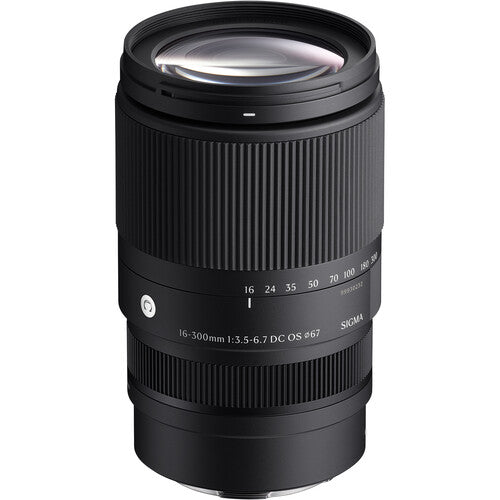Sigma 16-300mm f/3.5-6.7 DC OS Contemporary mirrorless lens with 18.8x zoom ratio, 1:2 macro magnification, High-response Linear Actuator autofocus, 9 rounded aperture blades, and dust- and splash-resistant weather sealing.