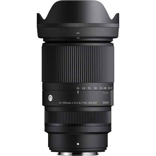 Sigma 16-300mm f/3.5-6.7 DC OS Contemporary mirrorless lens with 18.8x zoom ratio, 1:2 macro magnification, High-response Linear Actuator autofocus, 9 rounded aperture blades, and dust- and splash-resistant weather sealing.