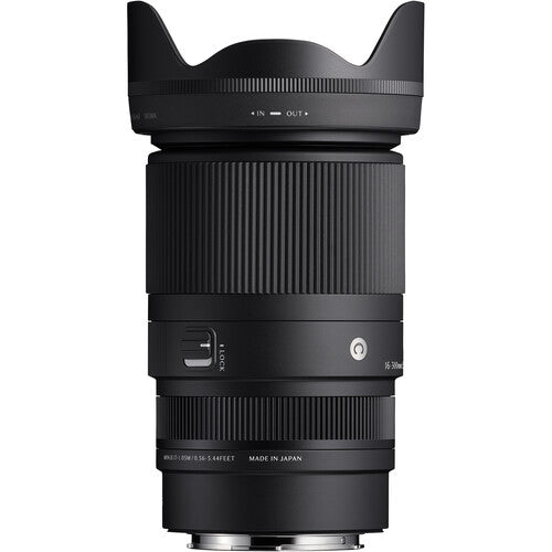 Sigma 16-300mm f/3.5-6.7 DC OS Contemporary mirrorless lens with 18.8x zoom ratio, 1:2 macro magnification, High-response Linear Actuator autofocus, 9 rounded aperture blades, and dust- and splash-resistant weather sealing.