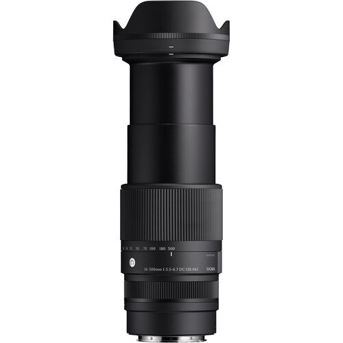 Sigma 16-300mm f/3.5-6.7 DC OS Contemporary mirrorless lens with 18.8x zoom ratio, 1:2 macro magnification, High-response Linear Actuator autofocus, 9 rounded aperture blades, and dust- and splash-resistant weather sealing.