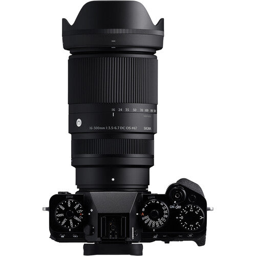 Sigma 16-300mm f/3.5-6.7 DC OS Contemporary mirrorless lens with 18.8x zoom ratio, 1:2 macro magnification, High-response Linear Actuator autofocus, 9 rounded aperture blades, and dust- and splash-resistant weather sealing.