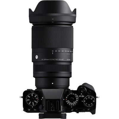 Sigma 16-300mm f/3.5-6.7 DC OS Contemporary mirrorless lens with 18.8x zoom ratio, 1:2 macro magnification, High-response Linear Actuator autofocus, 9 rounded aperture blades, and dust- and splash-resistant weather sealing.