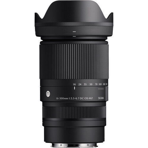 Sigma 16-300mm f/3.5-6.7 DC OS Contemporary ultra-zoom lens for APS-C mirrorless cameras, featuring an 18.8x zoom range, optical stabilization with up to 6 stops, fast autofocus motor, and dust- and splash-resistant design