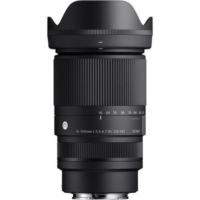 Sigma 16-300mm f/3.5-6.7 DC OS HSM Contemporary super-zoom lens for APS-C mirrorless cameras featuring optical image stabilization, hyper sonic motor autofocus, and weather-sealed construction