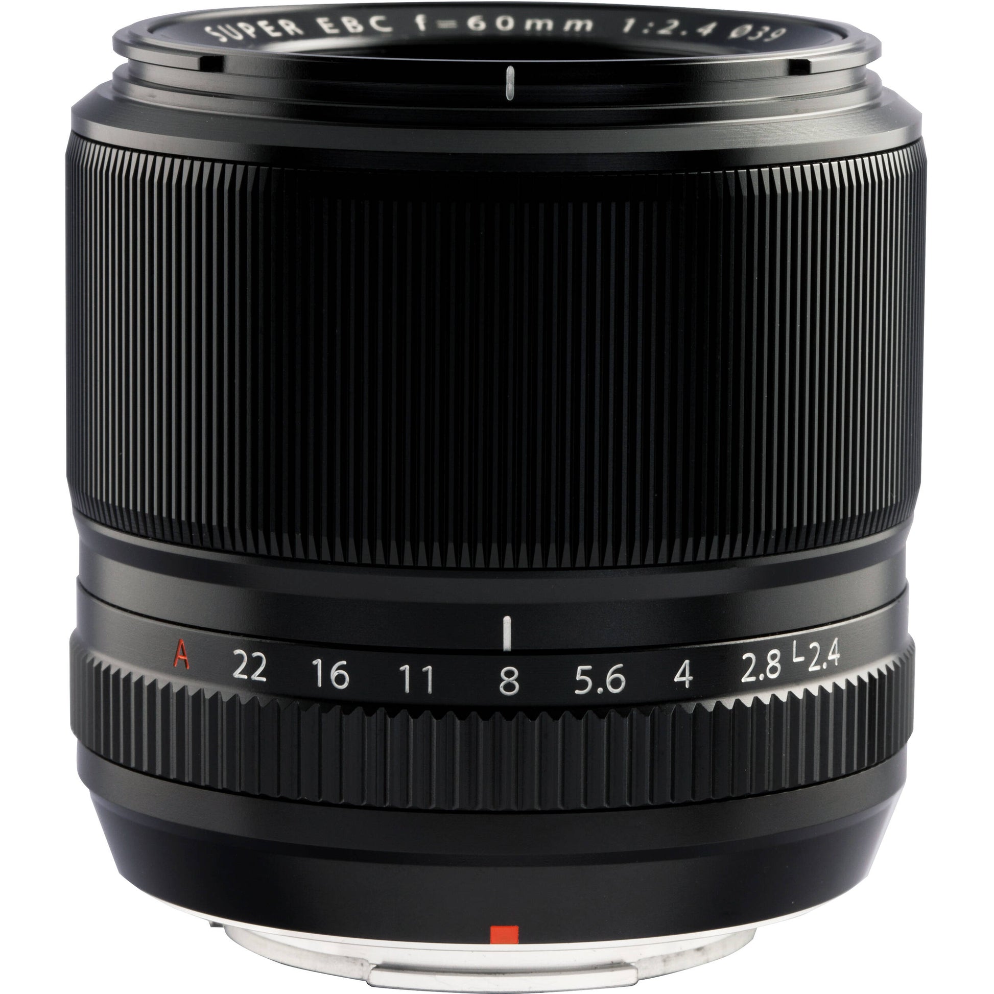 Fujifilm XF 60mm f/2.4 R Macro lens featuring 0.5x magnification, close focusing at 26.7cm, 9 rounded aperture blades, and optical elements for high-definition close-up and portrait photography.