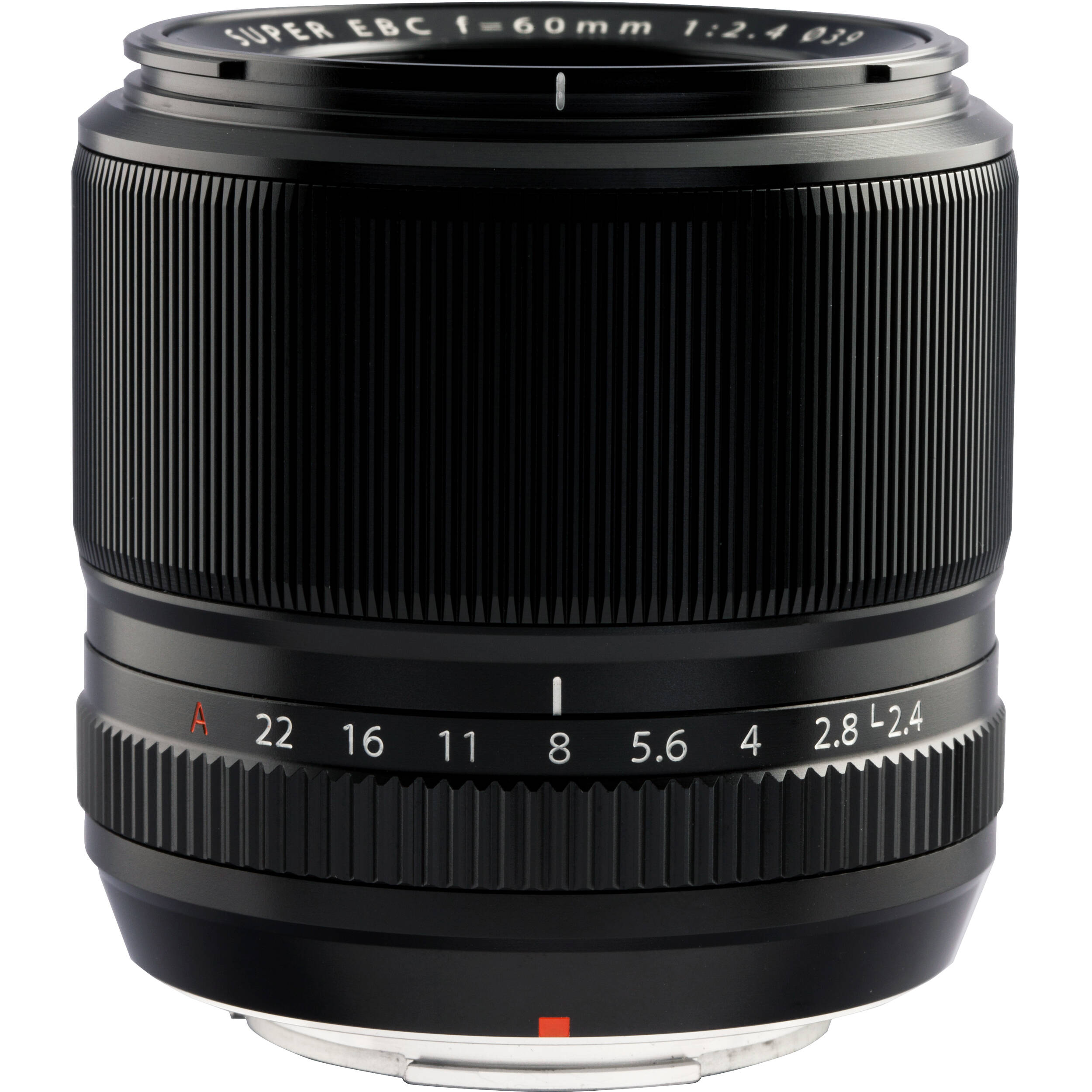 Fujifilm XF 60mm f/2.4 R Macro lens featuring 0.5x magnification, close focusing at 26.7cm, 9 rounded aperture blades, and optical elements for high-definition close-up and portrait photography.