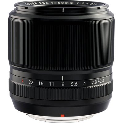 Fujifilm XF 60mm f/2.4 R Macro lens featuring 0.5x magnification, close focusing at 26.7cm, 9 rounded aperture blades, and optical elements for high-definition close-up and portrait photography.