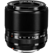 Fujifilm XF 60mm f/2.4 R Macro lens featuring 0.5x magnification, close focusing at 26.7cm, 9 rounded aperture blades, and optical elements for high-definition close-up and portrait photography.