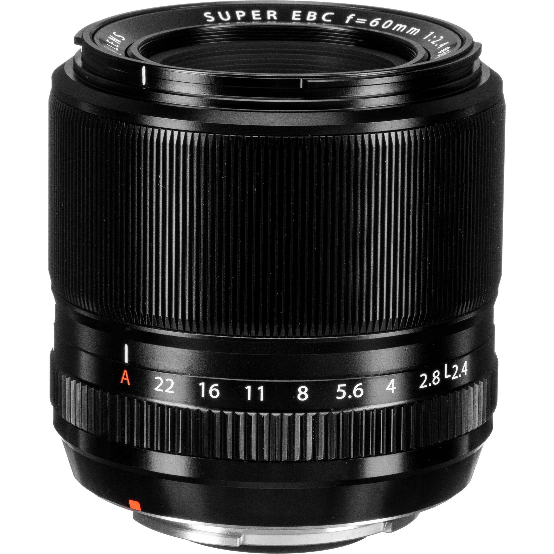 Fujifilm XF 60mm f/2.4 R Macro lens featuring 0.5x magnification, close focusing at 26.7cm, 9 rounded aperture blades, and optical elements for high-definition close-up and portrait photography.