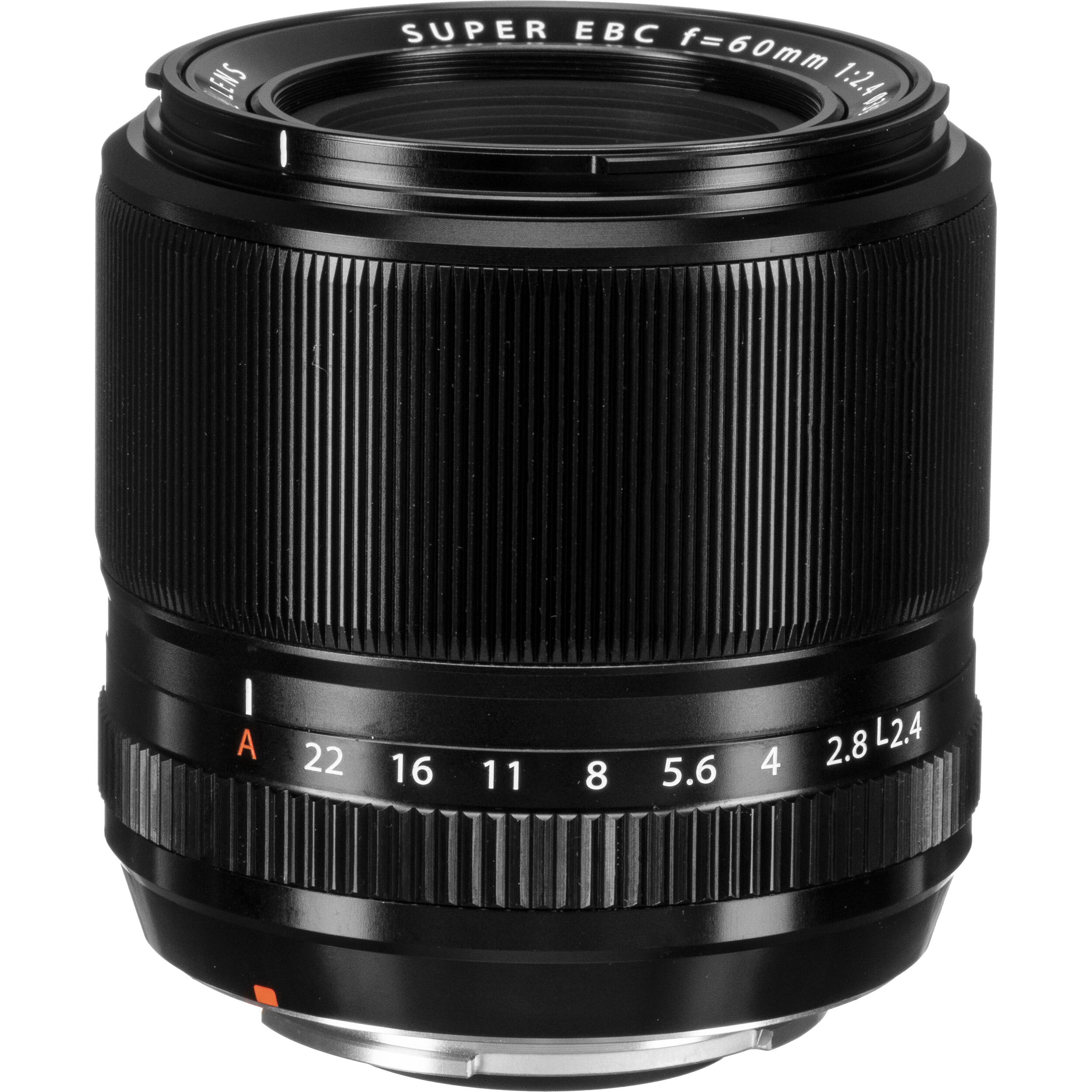 Fujifilm XF 60mm f/2.4 R Macro lens featuring 0.5x magnification, close focusing at 26.7cm, 9 rounded aperture blades, and optical elements for high-definition close-up and portrait photography.