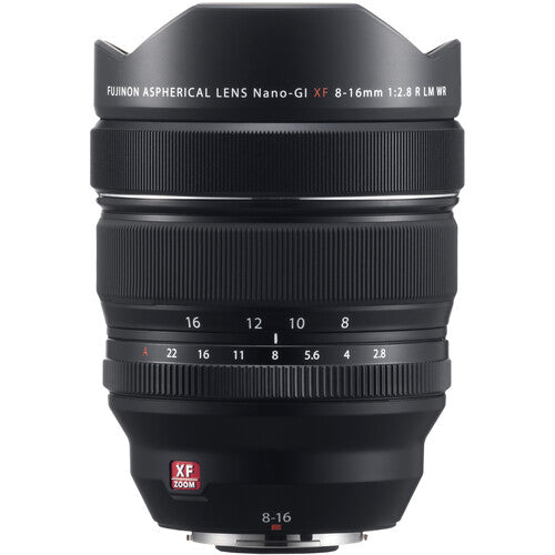 FUJIFILM XF 8-16mm f/2.8 R LM WR ultra-wide zoom lens with weather sealing and constant f/2.8 aperture for landscapes and architecture.