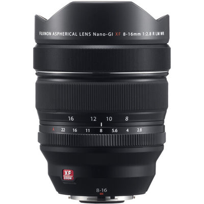 FUJIFILM XF 8-16mm f/2.8 R LM WR ultra-wide zoom lens with weather sealing and constant f/2.8 aperture for landscapes and architecture.