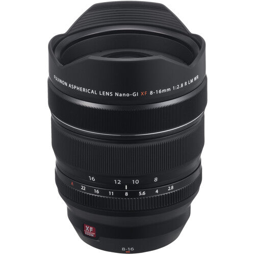 FUJIFILM XF 8-16mm f/2.8 R LM WR ultra-wide zoom lens with weather sealing and constant f/2.8 aperture for landscapes and architecture.
